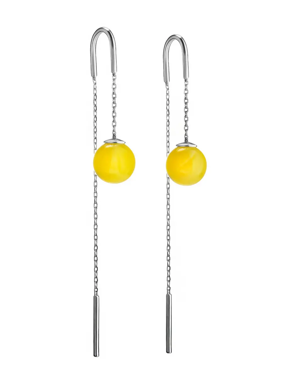 картинка Стильные продевные серьги «Юпитер» из серебра и медового янтаря в онлайн магазине