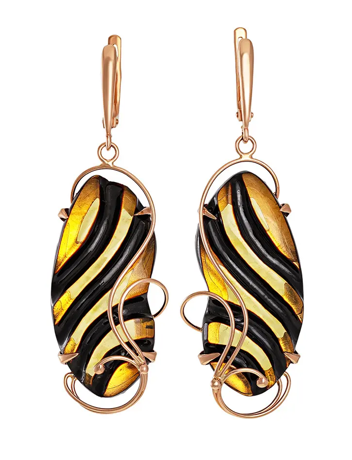 картинка Необычные серьги из золота и натурального цельного янтаря «Электра» в онлайн магазине