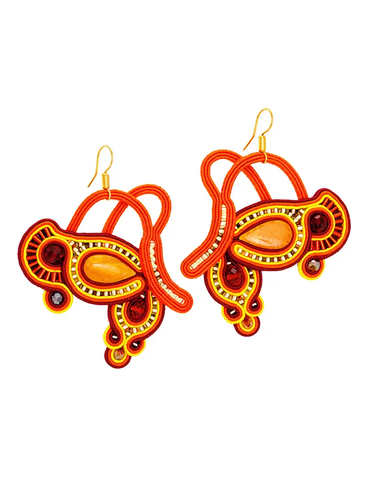 картинка Крупные плетеные серьги с вставками из натурального медово-золотистого янтаря «Индия» в онлайн магазине
