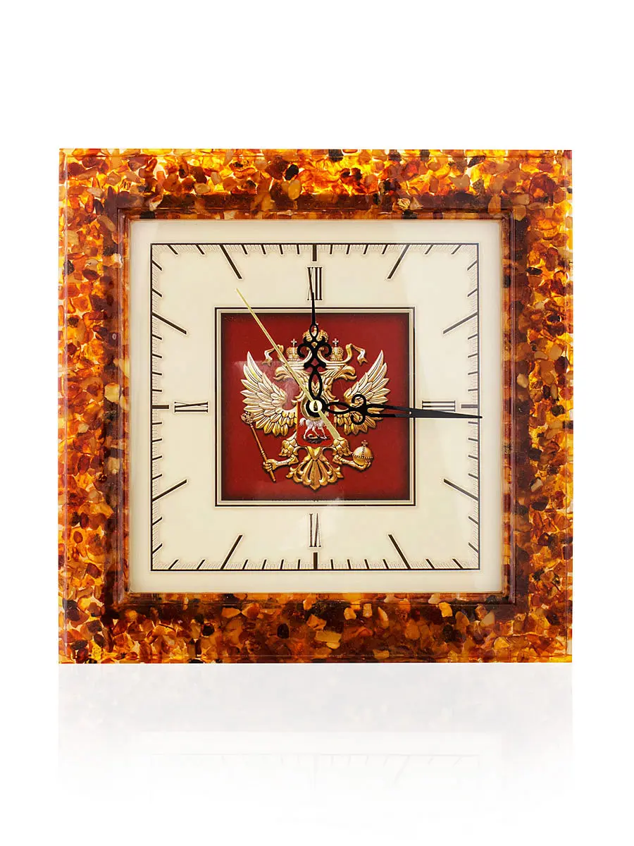 картинка Часы квадратной формы «Герб России» в раме из живописной янтарной мозаики в онлайн магазине