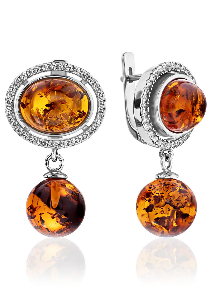 картинка Нарядные серьги «Ренессанс» с натуральным янтарём и кристаллами в онлайн магазине