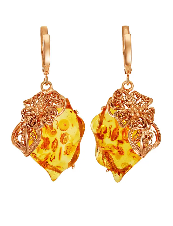 картинка Изысканные нарядные серьги из лимонного янтаря в позолоченном серебре «Филигрань» в онлайн магазине
