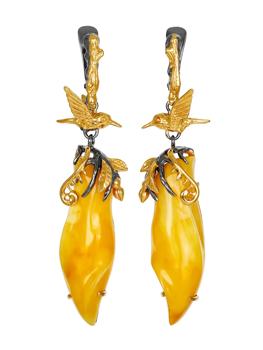 картинка Роскошные серьги из натурального янтаря в золочённом серебре «Колибри» в онлайн магазине