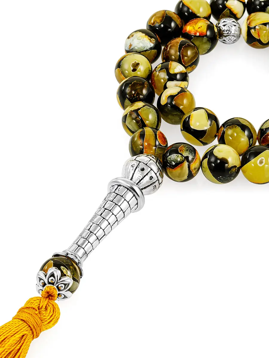 картинка Мусульманские чётки 33 бусины с натуральным янтарём «Далматин чёрный» в онлайн магазине