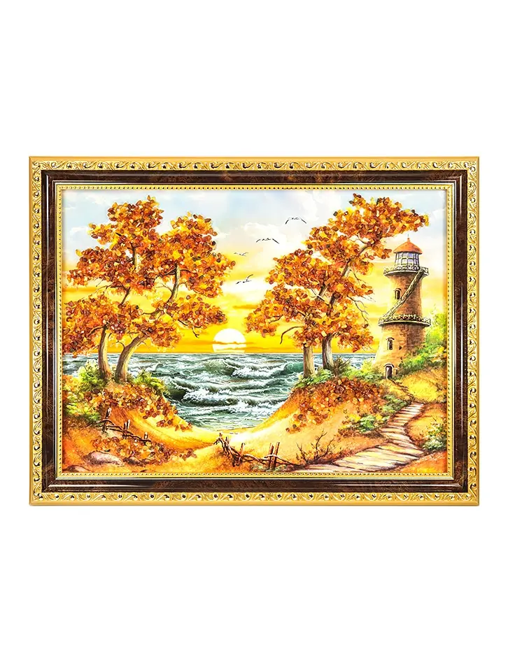 картинка Картина горизонтального формата с россыпью натурального балтийского янтаря «Сосны на берегу моря» 35 (В) х 45 (Ш) в онлайн магазине