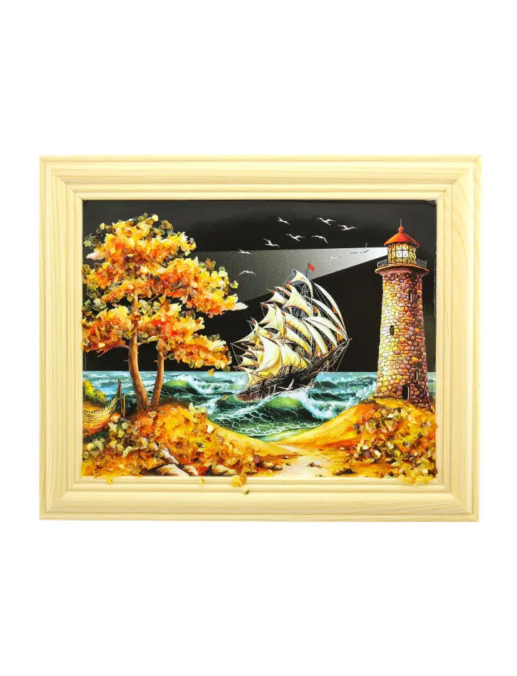 картинка Маленькая горизонтальная картина с натуральным янтарем «Ночной морской пейзаж» в онлайн магазине