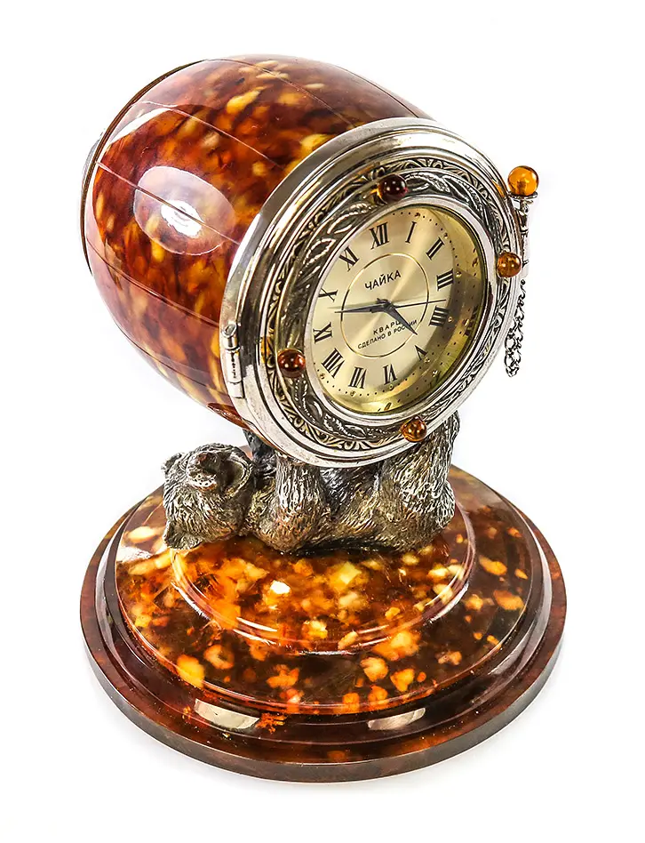 картинка Настольные часы-шкатулка из серебра и натурального формованного янтаря «Медведь» в онлайн магазине