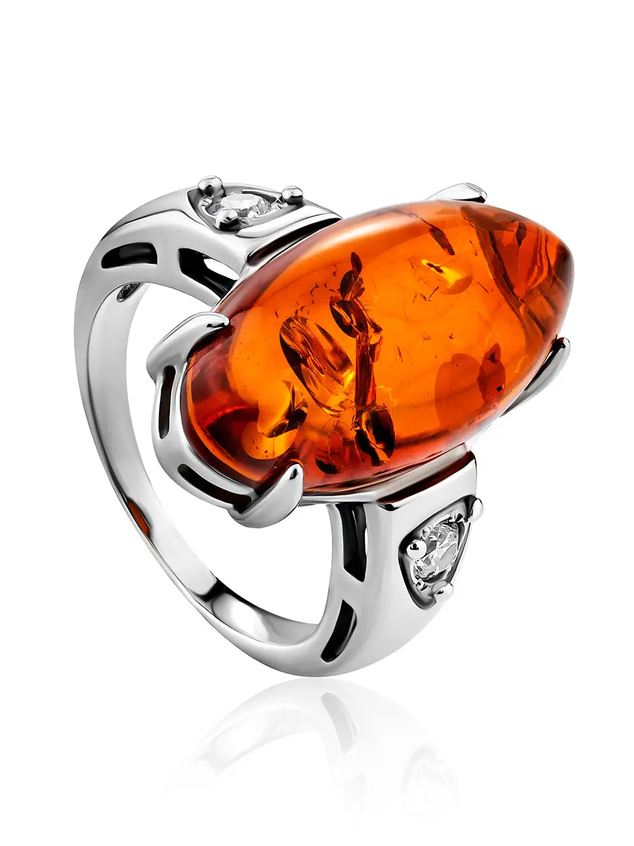 картинка Яркое кольцо из серебра с натуральным янтарём и кристаллами «Пенелопа» в онлайн магазине
