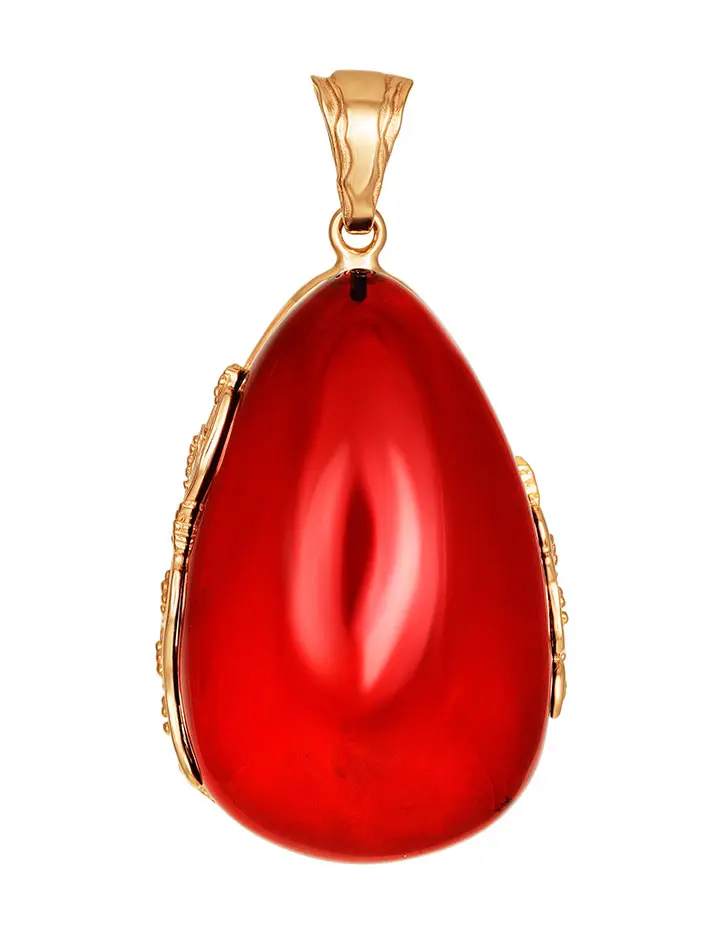 картинка Эффектная позолоченная подвеска с натуральным янтарём красного цвета «Версаль» в онлайн магазине