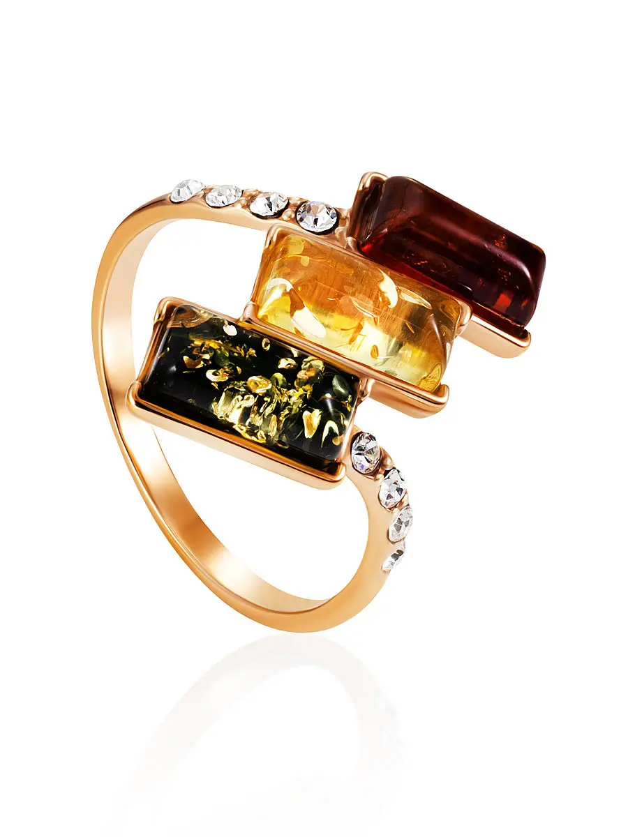 картинка Яркое позолоченное кольцо с разноцветным янтарём и кристаллами «Мозаика» в онлайн магазине