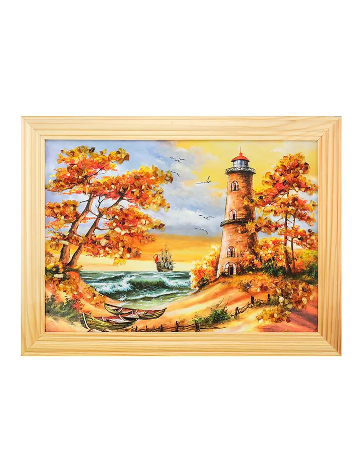 картинка Яркая картина с натуральным балтийским янтарём «Маяк в закатных лучах» 17 (В) х 24 (Ш) в онлайн магазине