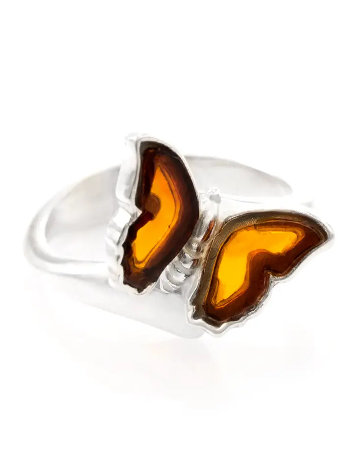 картинка Кольцо в форме бабочки с натуральным коньячным янтарём «Апрель» в онлайн магазине