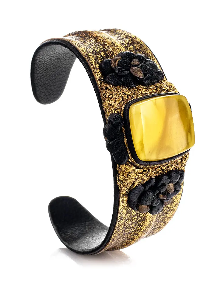 картинка Роскошный браслет «Нефертити» из золочённой кожи с натуральным янтарём в онлайн магазине