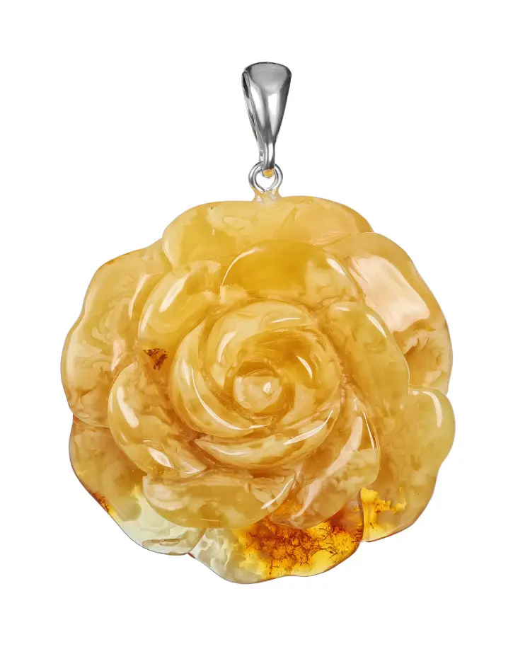 картинка Уникальный резной кулон из цельного янтаря с серебром «Солнечная роза» в онлайн магазине