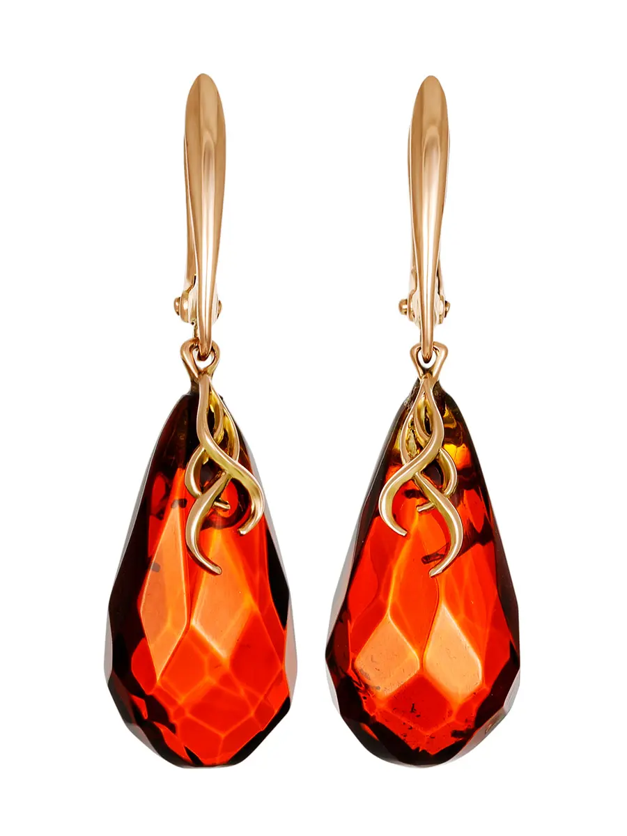 картинка Яркие золотые серьги из янтаря с алмазной огранкой «Капли» в онлайн магазине