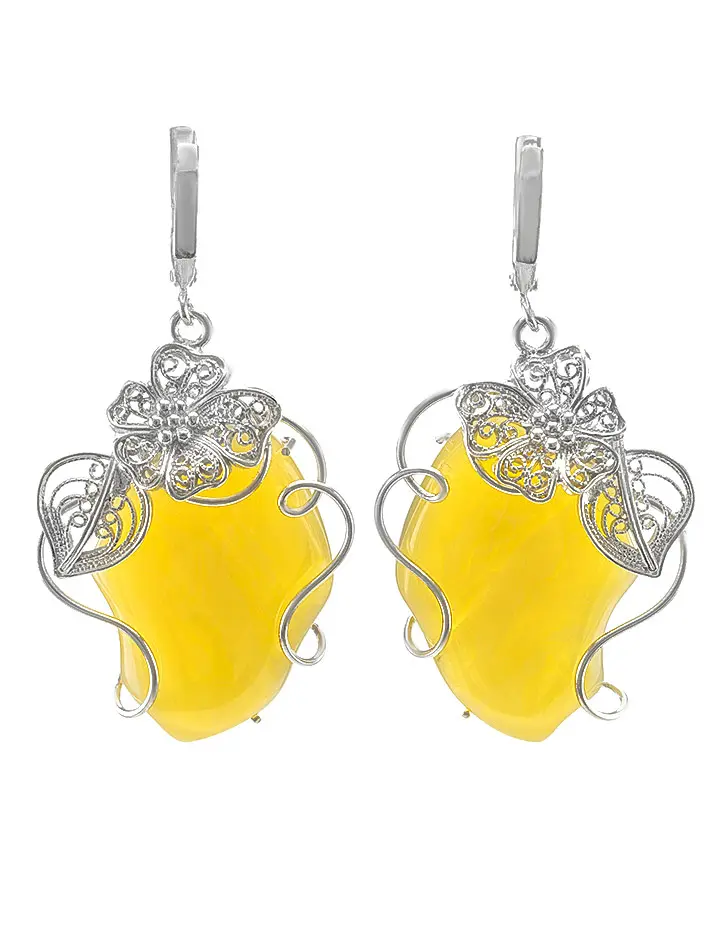 картинка Крупные нарядные серьги из янтаря медового цвета в серебре «Филигрань» в онлайн магазине