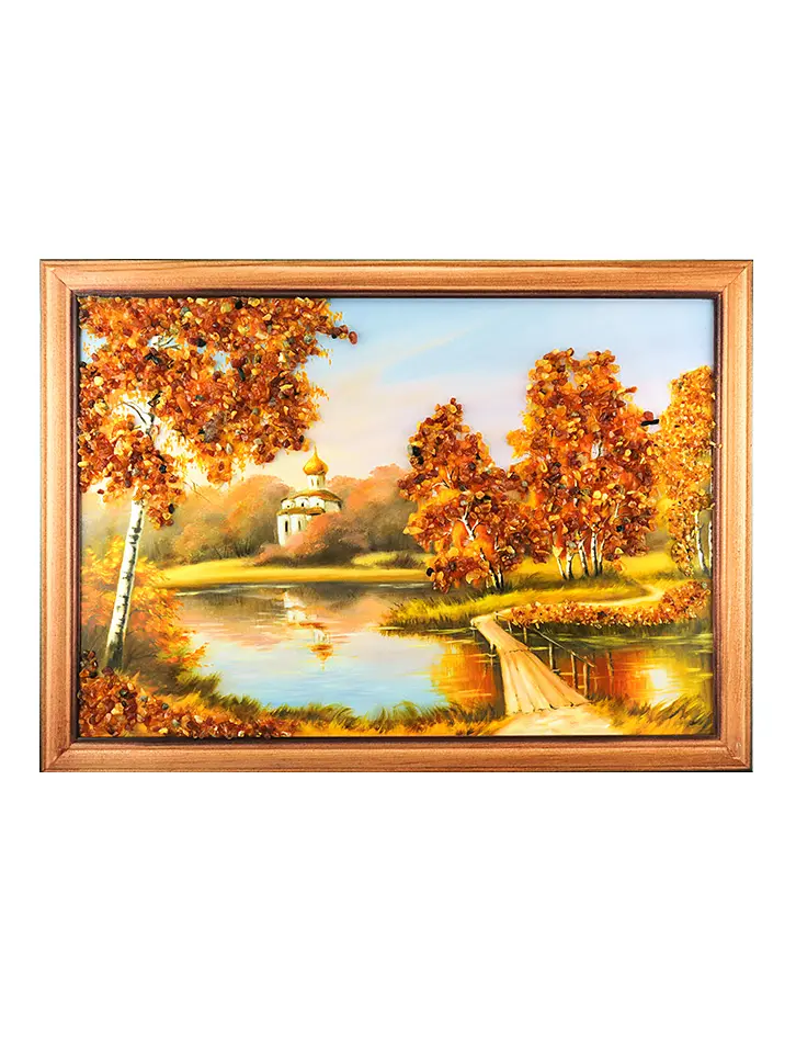 картинка «Храм у лесного озера». Украшенная янтарем картина горизонтального формата в онлайн магазине