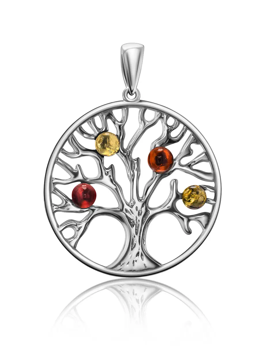 картинка Ажурный круглый кулон из серебра и янтаря разных цветов «Древо жизни» в онлайн магазине