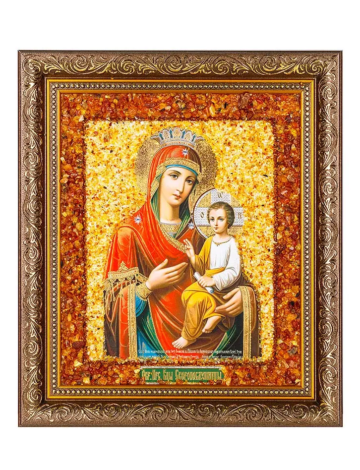 картинка Икона, украшенная натуральным балтийским янтарём «Скоропослушница» в онлайн магазине
