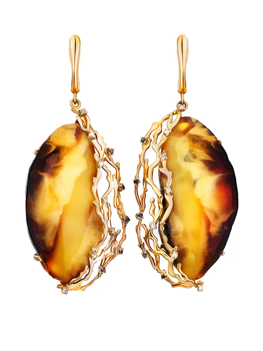 картинка Восхитительные золотые серьги с янтарём и чёрными и белыми бриллиантами «Версаль» в онлайн магазине