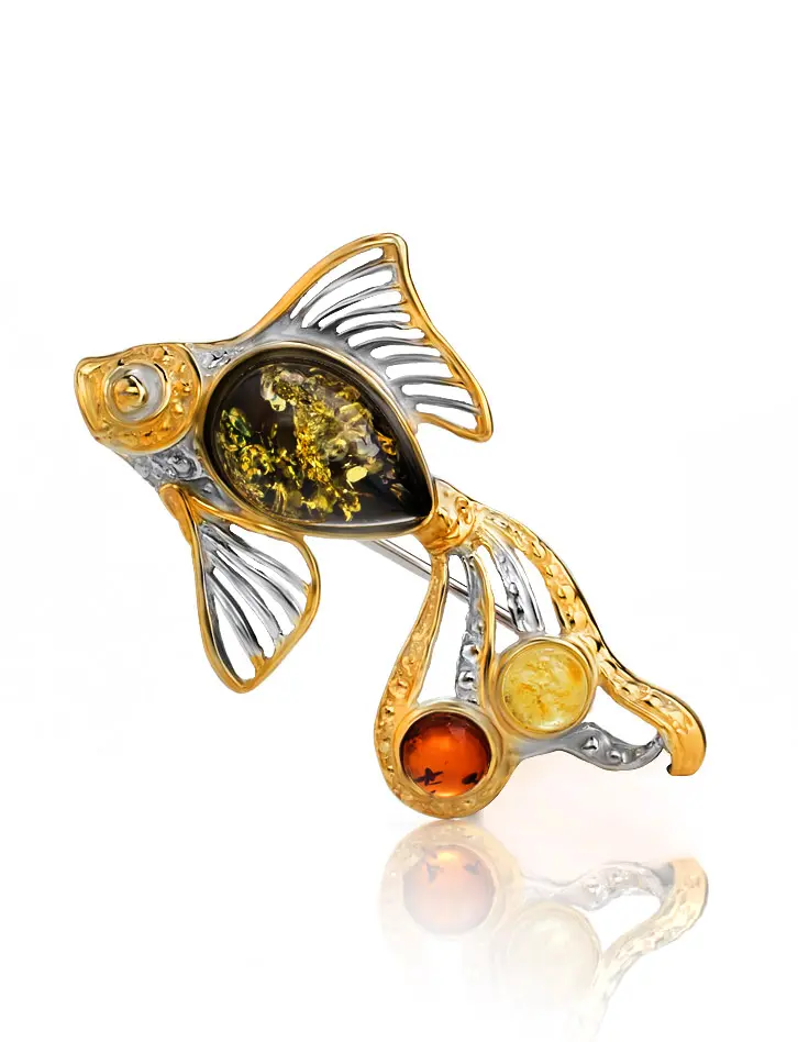 картинка Красивая позолоченная брошь с янтарём разных цветов «Рыбка» в онлайн магазине