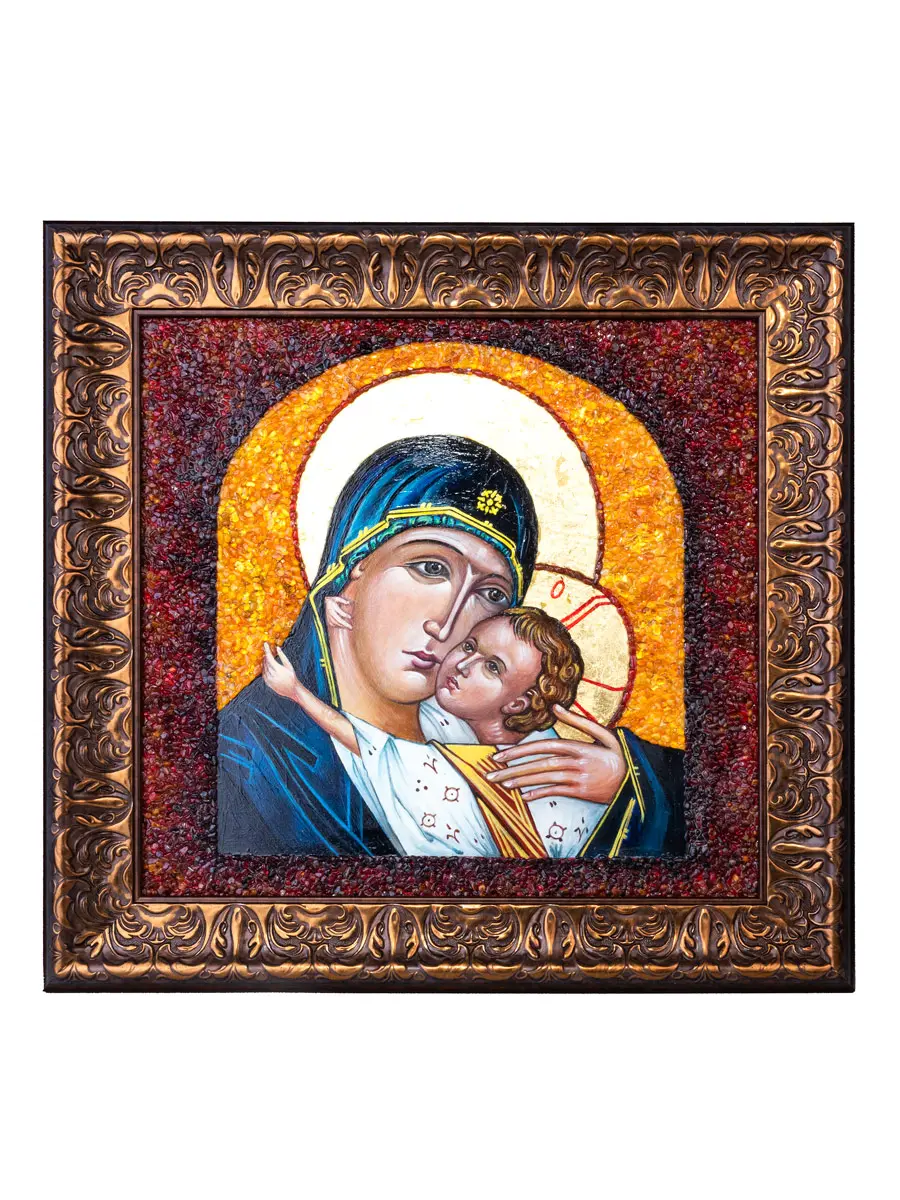 картинка Рукописная Икона Божией Матери «Елеуса», украшенная янтарём в онлайн магазине