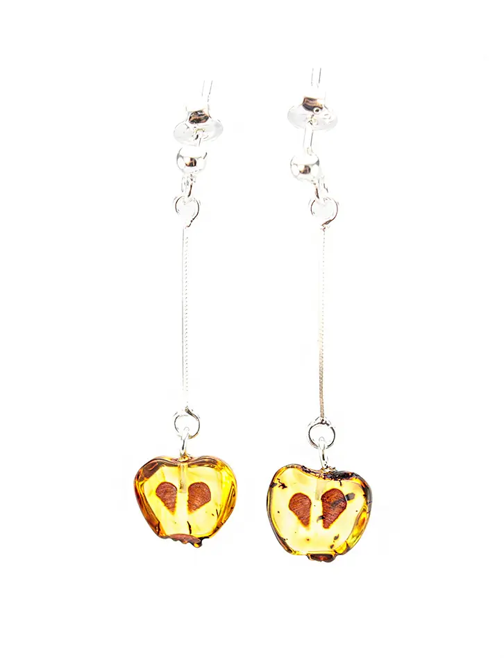 картинка Изящные удлиненные серьги из натурального янтаря с замочками-гвоздиками «Яблочки» в онлайн магазине