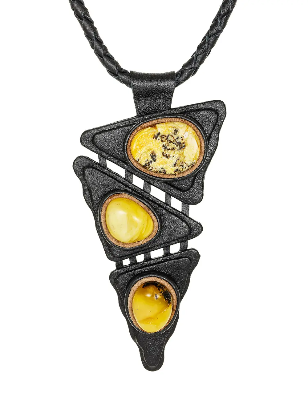 картинка Тройное колье из кожи «Амазонка» с пейзажным янтарём  в онлайн магазине