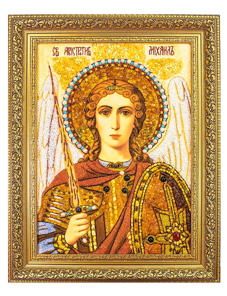 картинка Янтарная икона, украшенная жемчугом и самоцветами «Архангел Михаил» в онлайн магазине