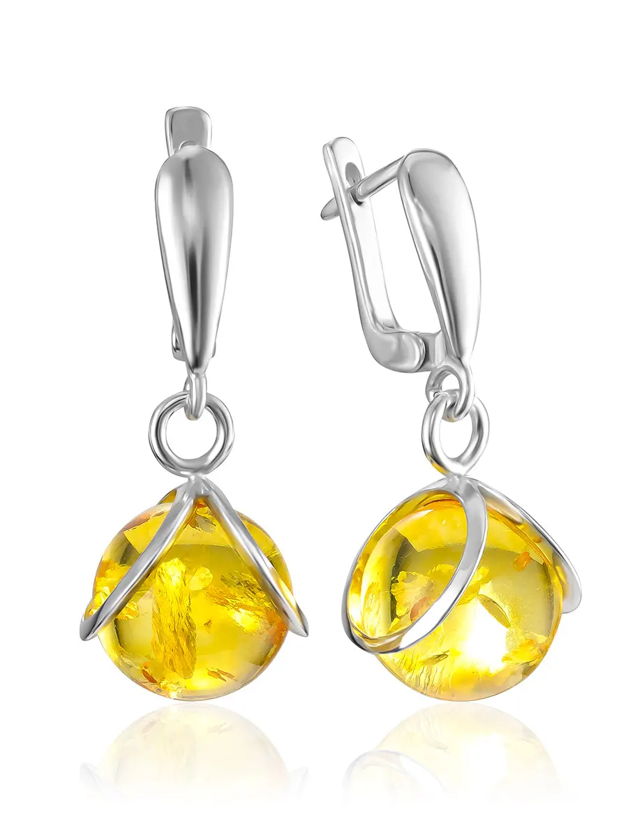 картинка Серьги «Валенсия» с натуральным искрящимся янтарём лимонного цвета в онлайн магазине