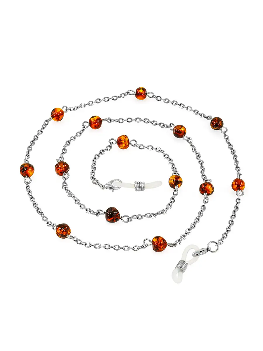 картинка Цепочка для очков с натуральным янтарём коньячного цвета в онлайн магазине