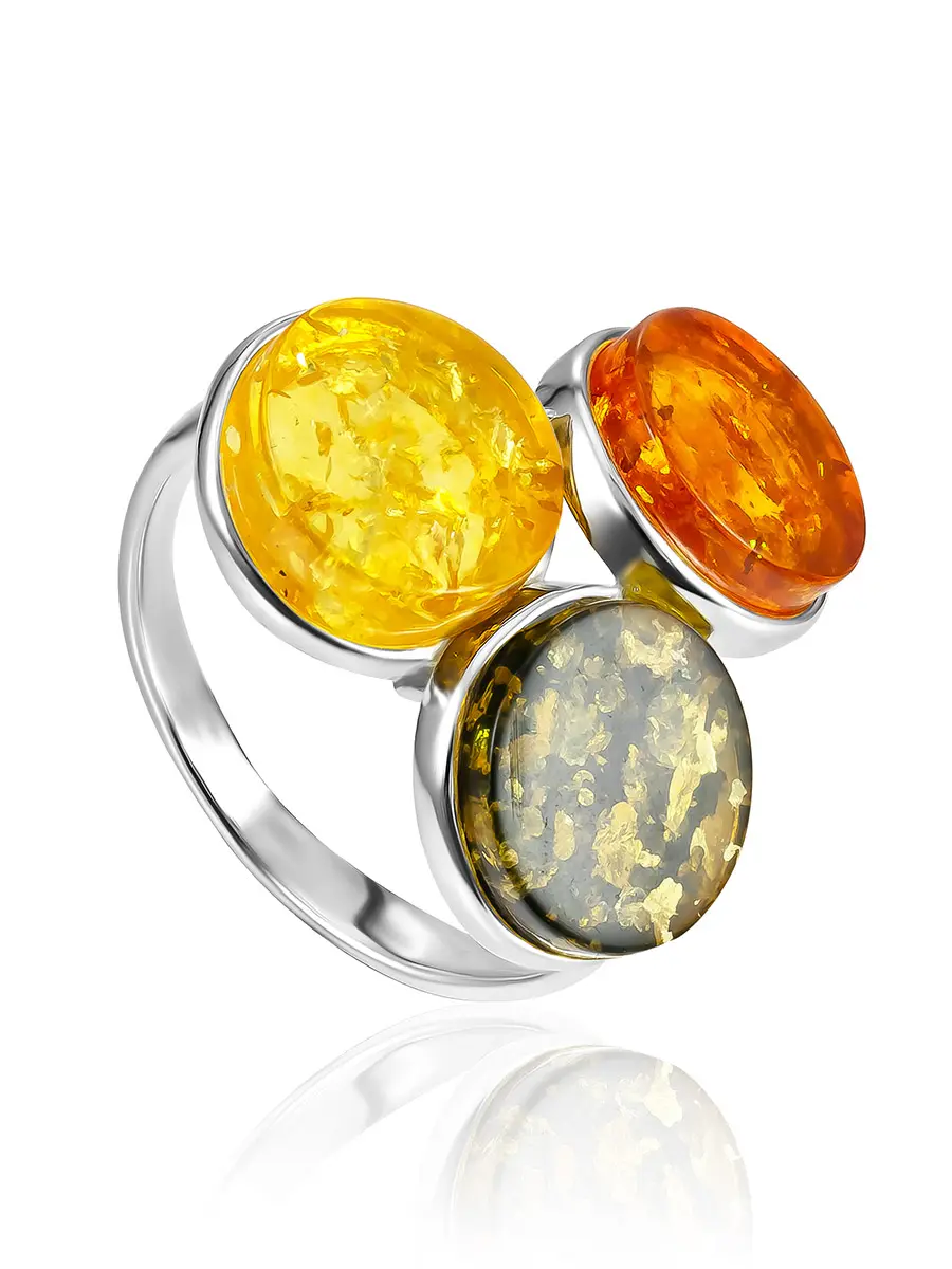 картинка Стильное яркое кольцо с янтарём трёх оттенков «Фурор» в онлайн магазине