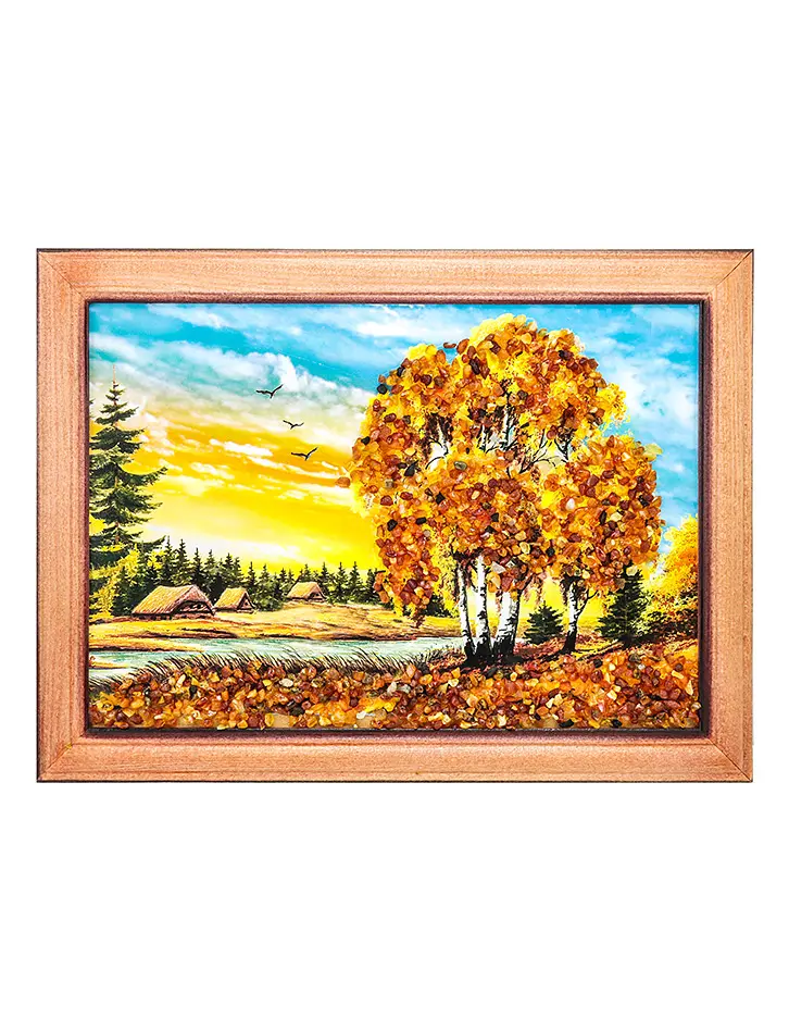 картинка Яркий пейзаж, украшенный натуральным янтарём «Избы и берёзы» 17 (В) х 24 (Ш) в онлайн магазине