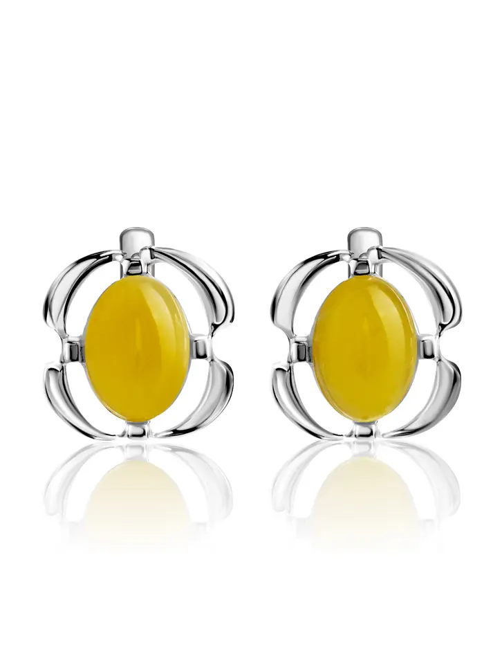 картинка Серебряные серьги с янтарем светло-медового цвета «Фиалка» в онлайн магазине