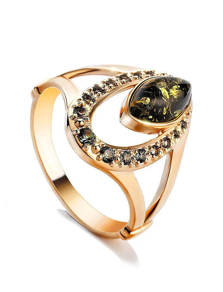 картинка Изящное золотое кольцо «Ренессанс» с янтарём зелёного цвета в онлайн магазине