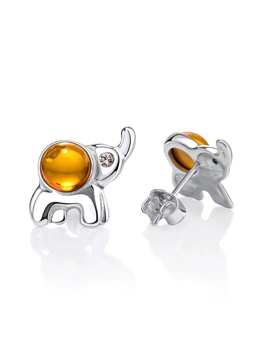картинка Очаровательные серьги-пусеты «Слоненок» из натурального янтаря коньячного цвета в онлайн магазине