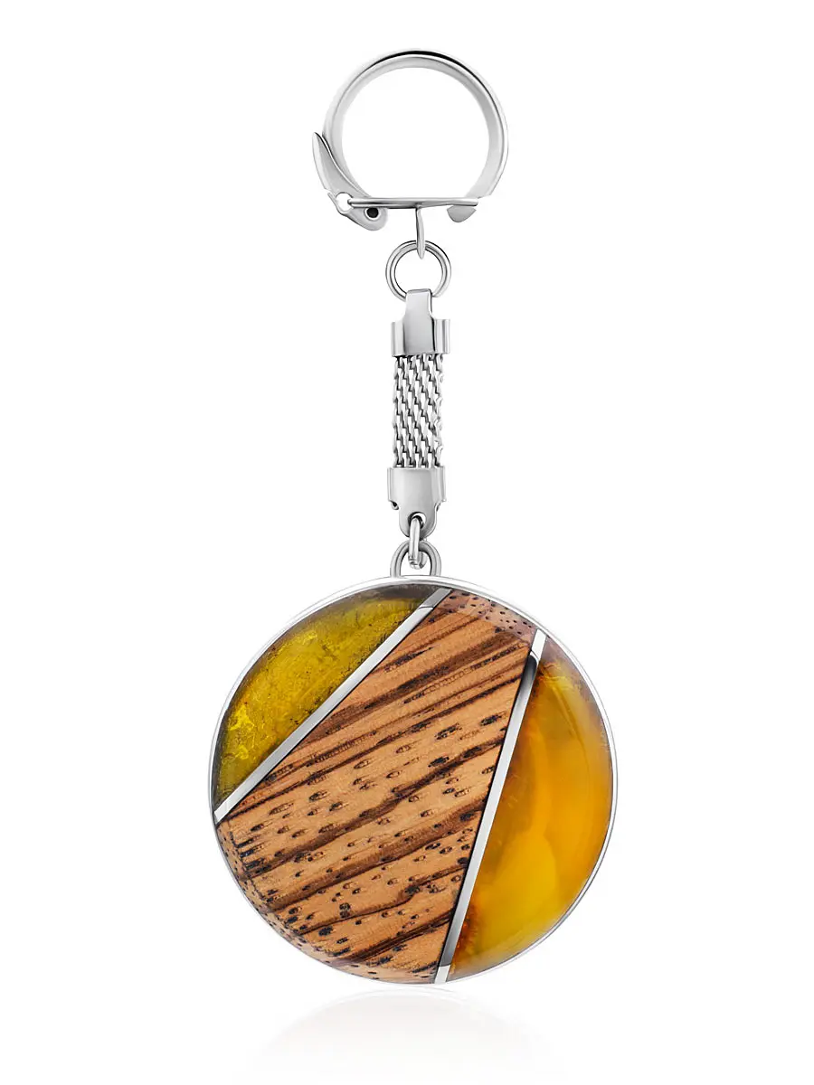 картинка Круглая зажигалка-брелок украшенная деревом и янтарём в онлайн магазине