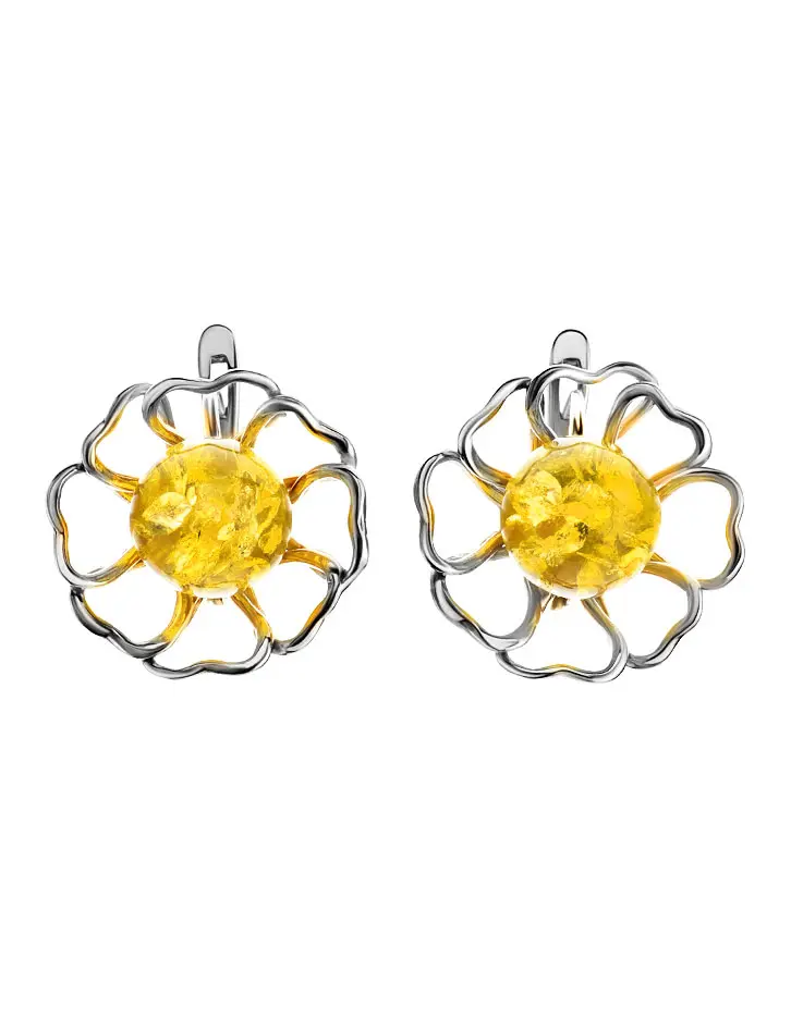 картинка Ажурные серьги «Ромашка», украшенные лимонным янтарём в онлайн магазине