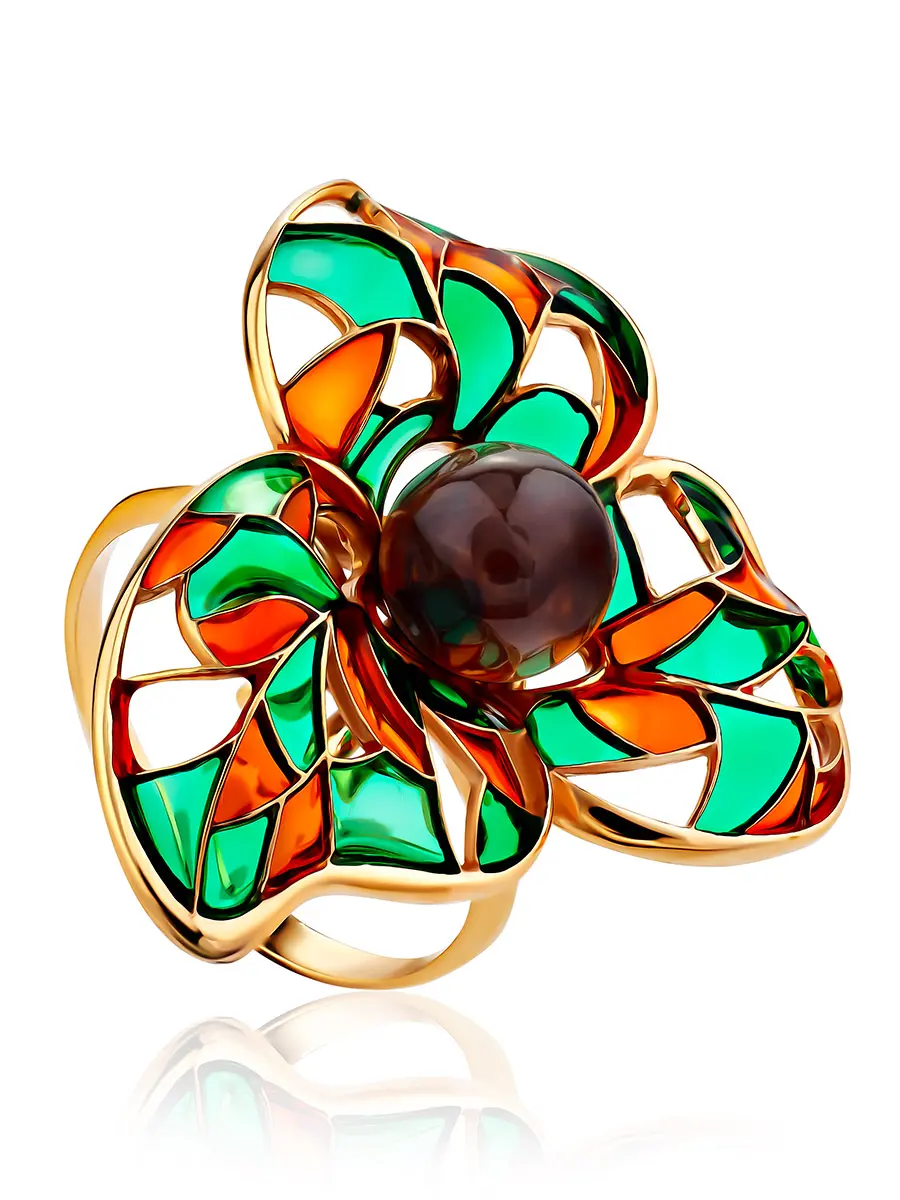 картинка Необычное яркое кольцо с эмалью и натуральным янтарём Verona в онлайн магазине
