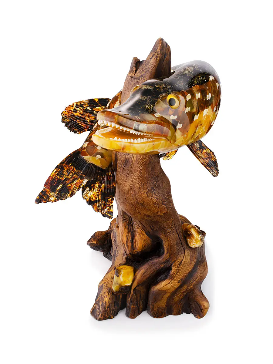 картинка Роскошная декоративная статуэтка из натурального янтаря и дерева «Щука» в онлайн магазине