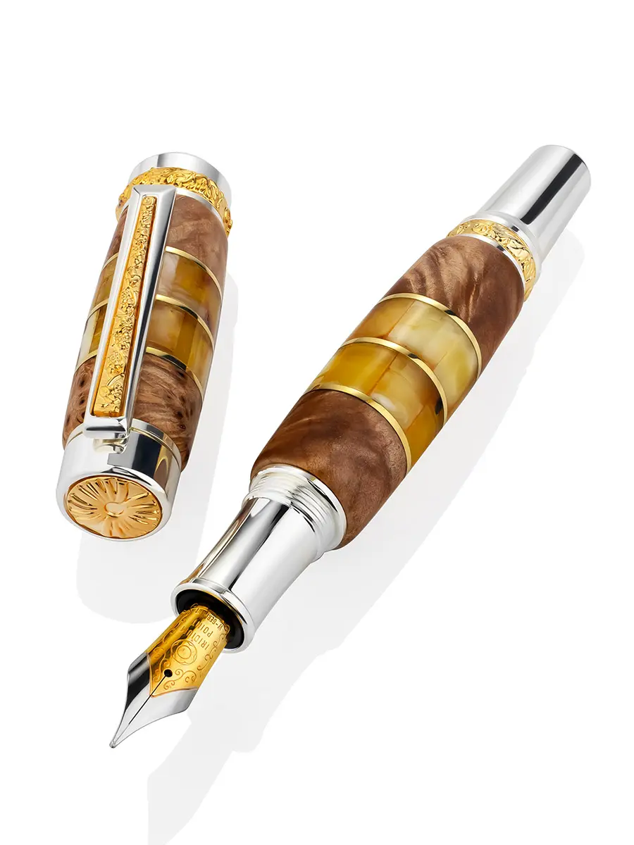 картинка Эксклюзивная перьевая ручка из дерева и натурального янтаря в онлайн магазине