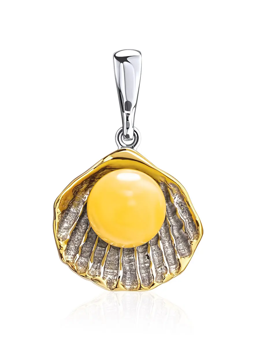 картинка Оригинальный кулон из позолоченного серебра и янтаря медового цвета «Ракушка» в онлайн магазине