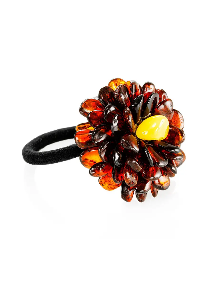 картинка Резинка для волос, украшенная тёмным цветком из натурального янтаря в онлайн магазине
