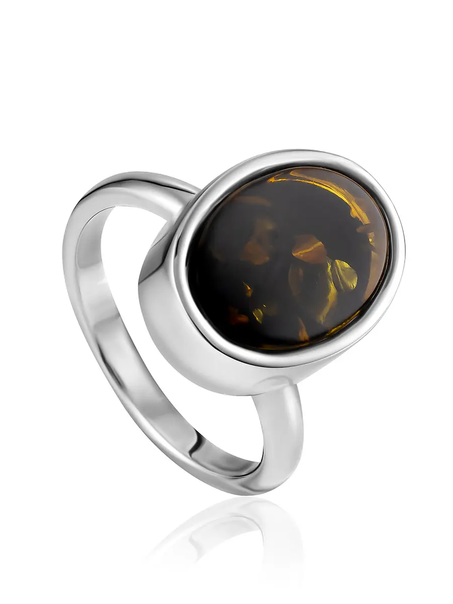 картинка Стильное овальное кольцо с зелёной янтарной вставкой «Бенефис» в онлайн магазине