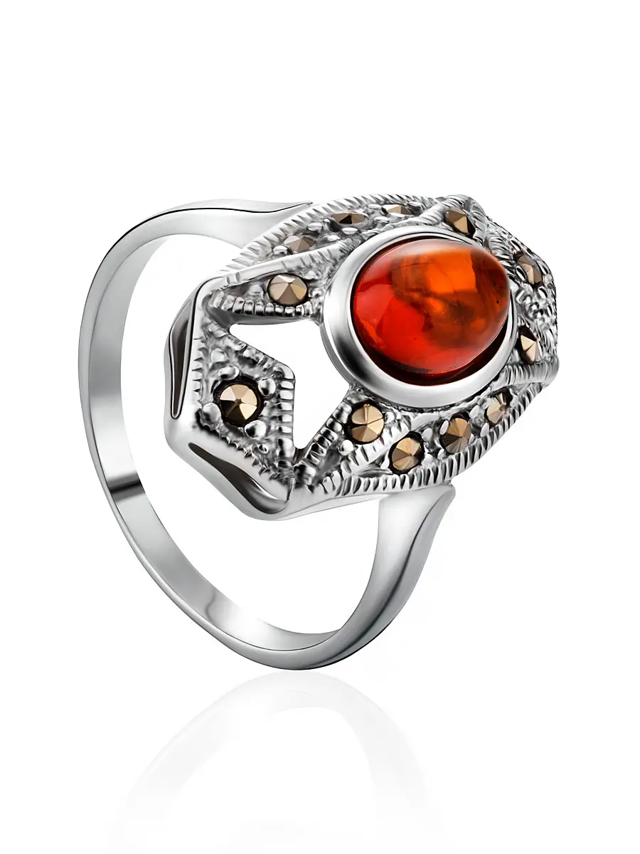 картинка Изысканное кольцо «Эйфория» из серебра с янтарем и марказитами в онлайн магазине