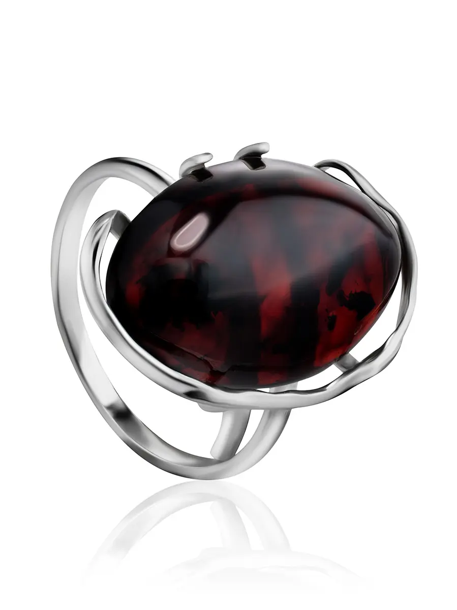 картинка Крупное серебряное кольцо с натуральным вишневым янтарем «Вивальди» в онлайн магазине