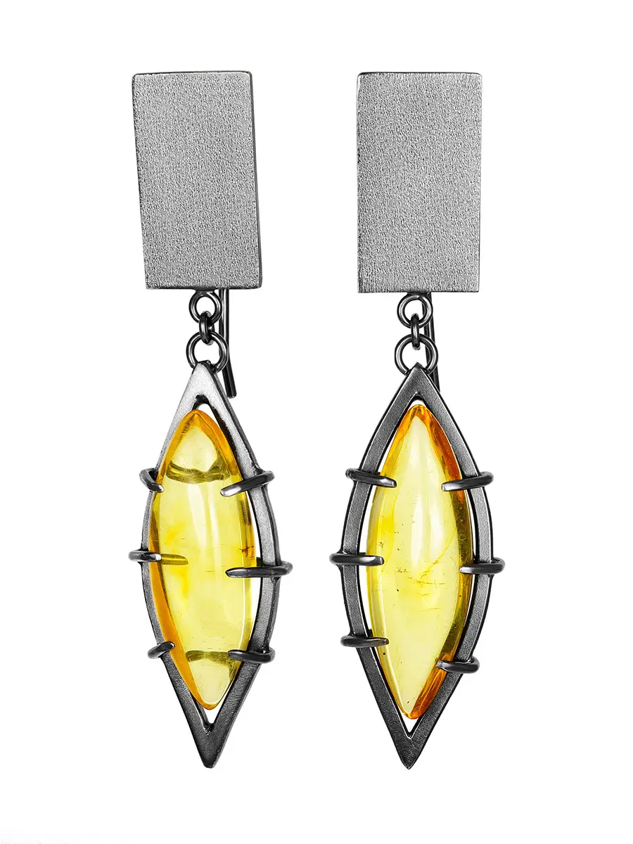 картинка Необычные серебряные серьги «Канкун» с янтарём лимонного цвета в онлайн магазине