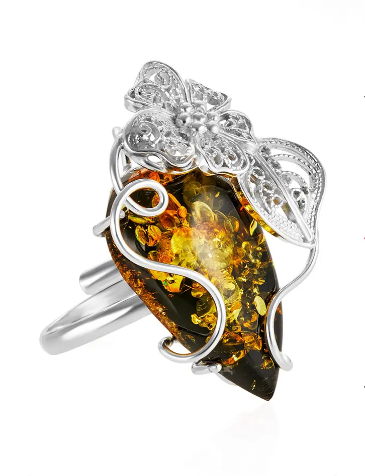 картинка Изящное кольцо с натуральным янтарем красивого зелёного цвета «Филигрань» в онлайн магазине
