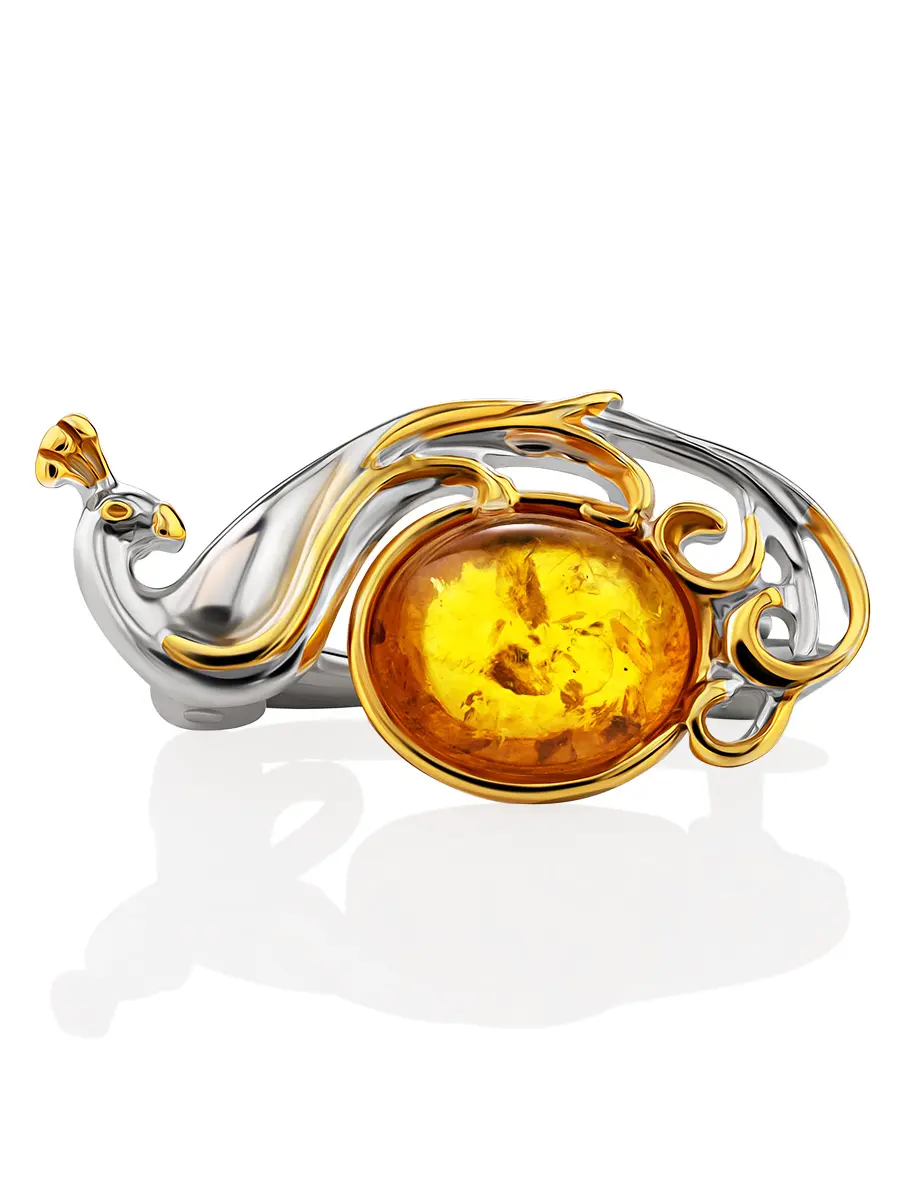 картинка Миниатюрная серебряная брошь с золотистым янтарём «Павлин» в онлайн магазине