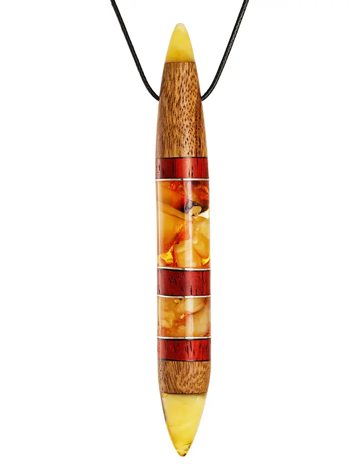 картинка Крупный длинный кулон «Индонезия» из натурального балтийского янтаря и дерева в онлайн магазине